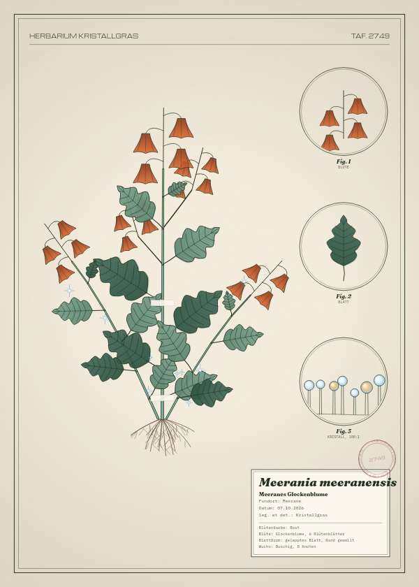 Botanische Tafel: Meerania meeranensis, eine erfundene Pflanze aus Meerane, gezeichnet wie in einem alten Pflanzenatlas