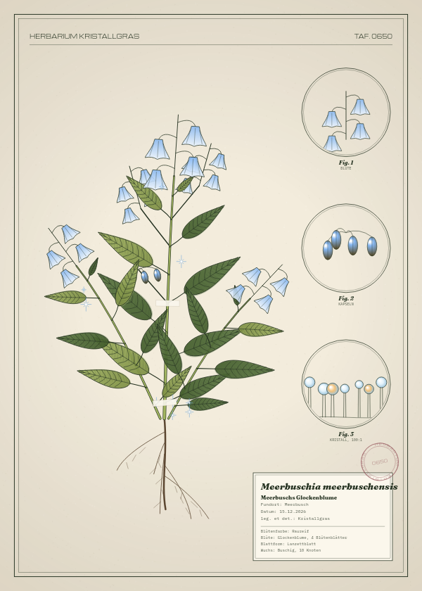 Botanische Tafel: Meerbuschia meerbuschensis, eine erfundene Pflanze aus Meerbusch, gezeichnet wie in einem alten Pflanzenatlas