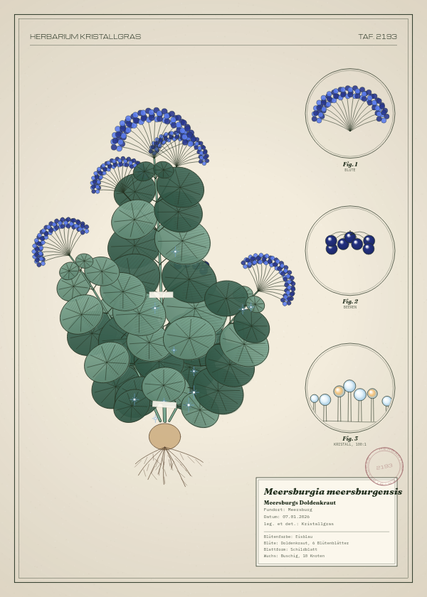 Botanische Tafel: Meersburgia meersburgensis, eine erfundene Pflanze aus Meersburg, gezeichnet wie in einem alten Pflanzenatlas
