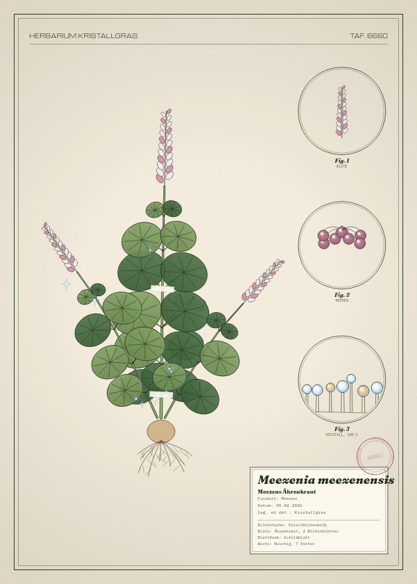 Botanische Tafel: Meezenia meezenensis, eine erfundene Pflanze aus Meezen, gezeichnet wie in einem alten Pflanzenatlas
