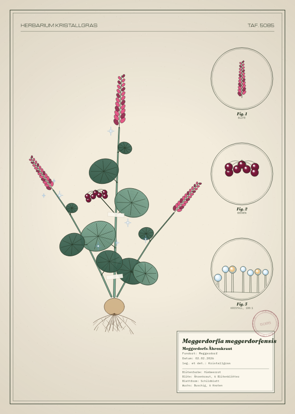Botanische Tafel: Meggerdorfia meggerdorfensis, eine erfundene Pflanze aus Meggerdorf, gezeichnet wie in einem alten Pflanzenatlas