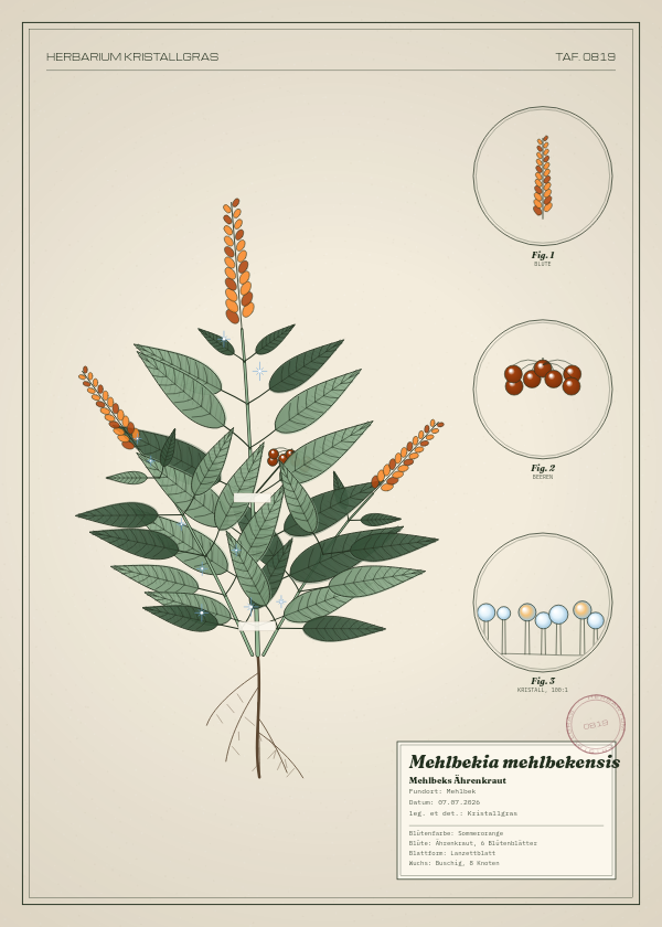 Botanische Tafel: Mehlbekia mehlbekensis, eine erfundene Pflanze aus Mehlbek, gezeichnet wie in einem alten Pflanzenatlas