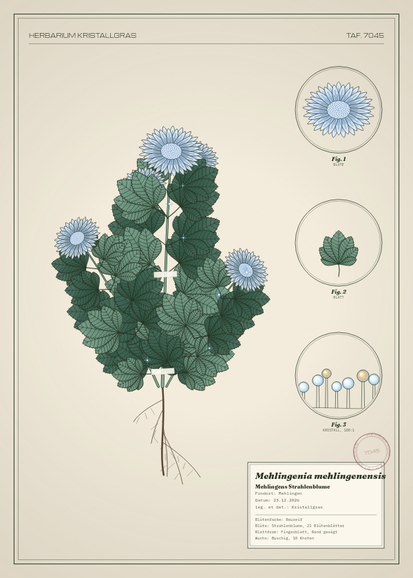 Botanische Tafel: Mehlingenia mehlingenensis, eine erfundene Pflanze aus Mehlingen, gezeichnet wie in einem alten Pflanzenatlas