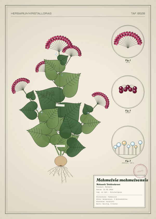 Botanische Tafel: Mehmelsia mehmelsensis, eine erfundene Pflanze aus Mehmels, gezeichnet wie in einem alten Pflanzenatlas