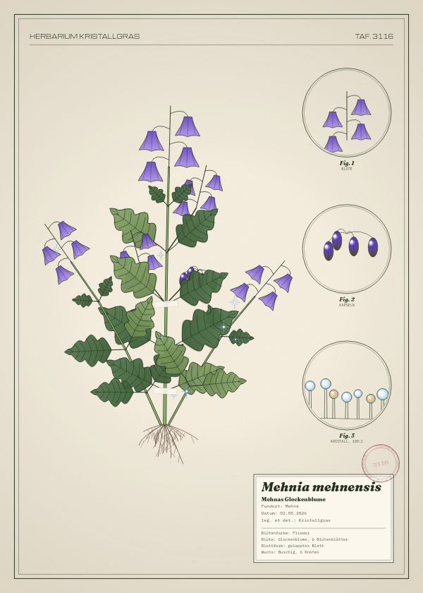 Botanische Tafel: Mehnia mehnensis, eine erfundene Pflanze aus Mehna, gezeichnet wie in einem alten Pflanzenatlas