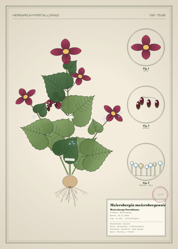 Botanische Tafel: Meiersbergia meiersbergensis, eine erfundene Pflanze aus Meiersberg, gezeichnet wie in einem alten Pflanzenatlas