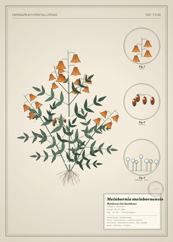 Botanische Tafel: Meinbornia meinbornensis, eine erfundene Pflanze aus Meinborn, gezeichnet wie in einem alten Pflanzenatlas