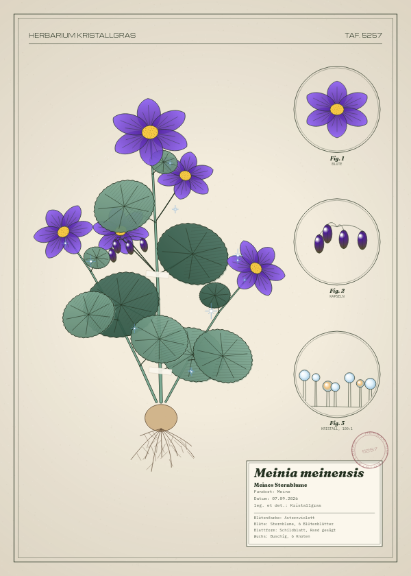 Botanische Tafel: Meinia meinensis, eine erfundene Pflanze aus Meine, gezeichnet wie in einem alten Pflanzenatlas