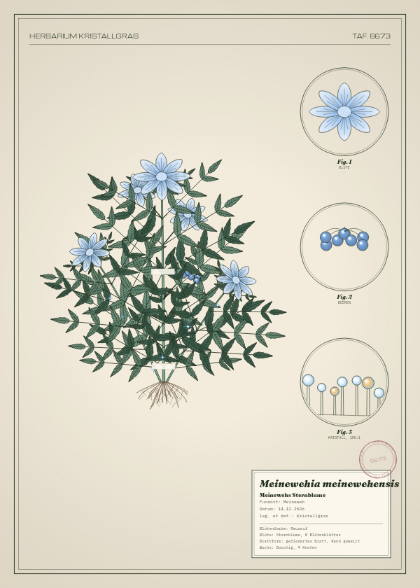 Botanische Tafel: Meinewehia meinewehensis, eine erfundene Pflanze aus Meineweh, gezeichnet wie in einem alten Pflanzenatlas