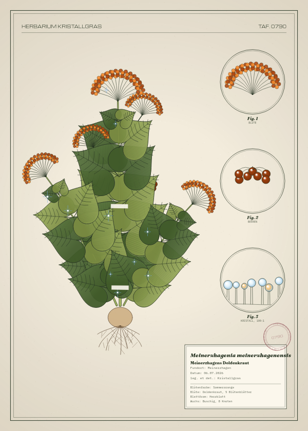 Botanische Tafel: Meinerzhagenia meinerzhagenensis, eine erfundene Pflanze aus Meinerzhagen, gezeichnet wie in einem alten Pflanzenatlas