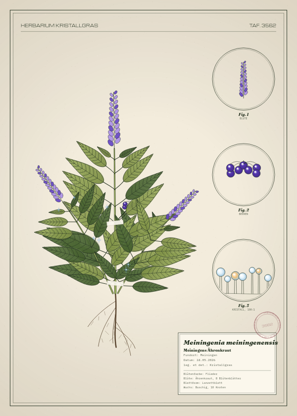 Botanische Tafel: Meiningenia meiningenensis, eine erfundene Pflanze aus Meiningen, gezeichnet wie in einem alten Pflanzenatlas