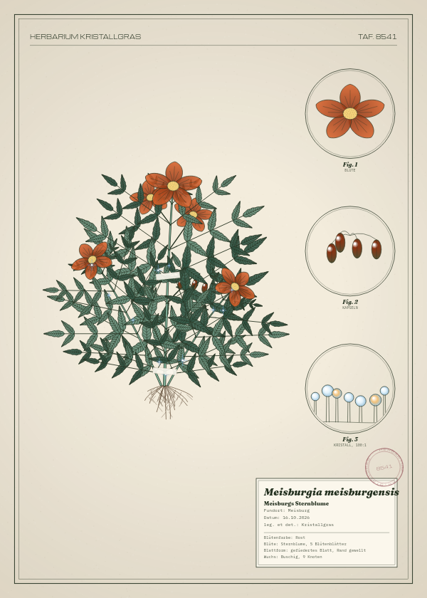 Botanische Tafel: Meisburgia meisburgensis, eine erfundene Pflanze aus Meisburg, gezeichnet wie in einem alten Pflanzenatlas