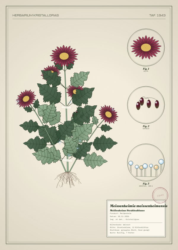 Botanische Tafel: Meissenheimia meissenheimensis, eine erfundene Pflanze aus Meißenheim, gezeichnet wie in einem alten Pflanzenatlas
