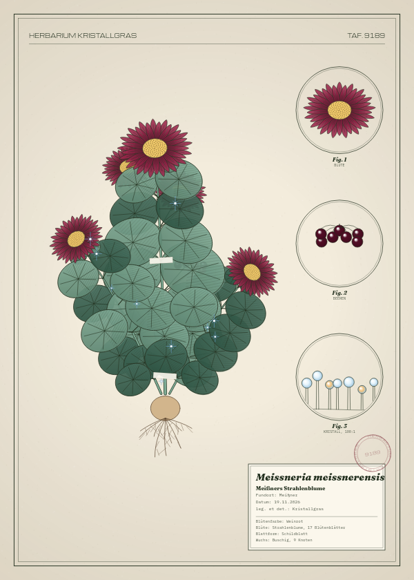 Botanische Tafel: Meissneria meissnerensis, eine erfundene Pflanze aus Meißner, gezeichnet wie in einem alten Pflanzenatlas
