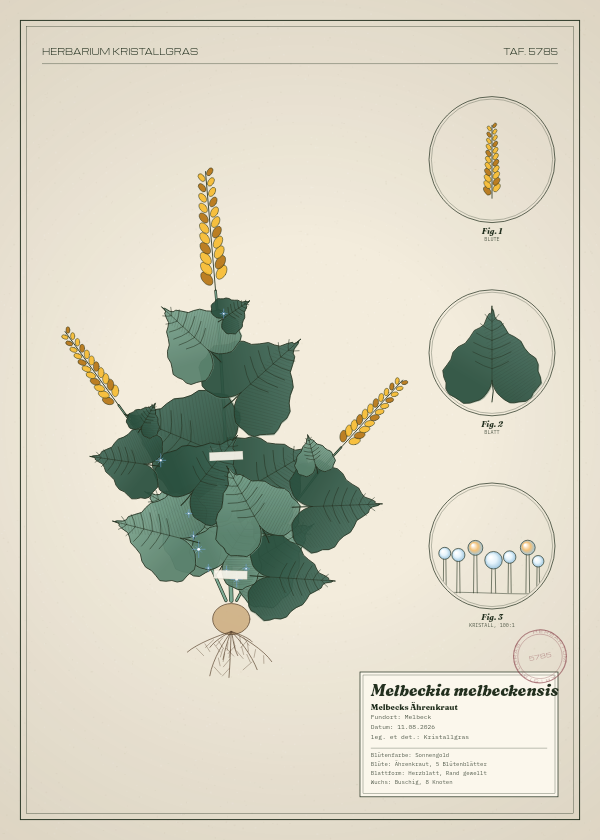 Botanische Tafel: Melbeckia melbeckensis, eine erfundene Pflanze aus Melbeck, gezeichnet wie in einem alten Pflanzenatlas