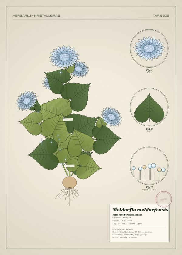 Botanische Tafel: Meldorfia meldorfensis, eine erfundene Pflanze aus Meldorf, gezeichnet wie in einem alten Pflanzenatlas