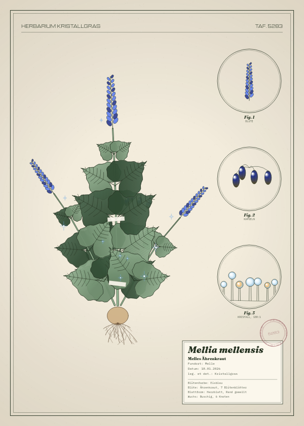 Botanische Tafel: Mellia mellensis, eine erfundene Pflanze aus Melle, gezeichnet wie in einem alten Pflanzenatlas