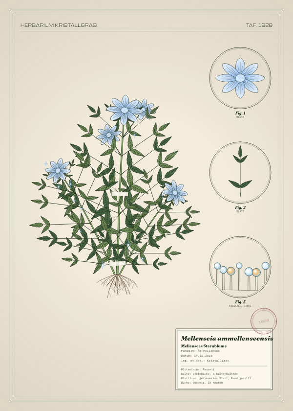 Botanische Tafel: Mellenseia ammellenseensis, eine erfundene Pflanze aus Am Mellensee, gezeichnet wie in einem alten Pflanzenatlas