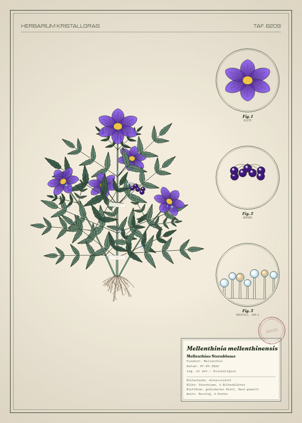 Botanische Tafel: Mellenthinia mellenthinensis, eine erfundene Pflanze aus Mellenthin, gezeichnet wie in einem alten Pflanzenatlas