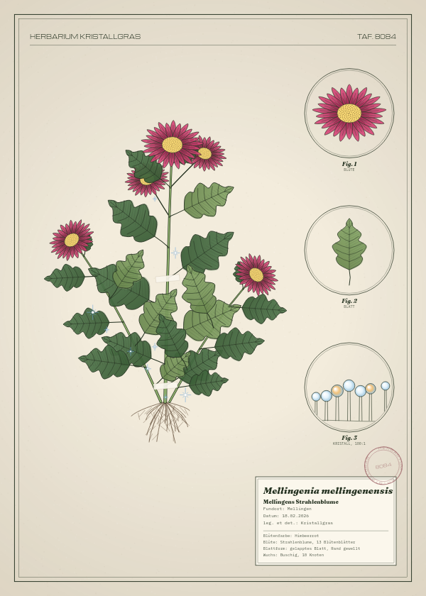 Botanische Tafel: Mellingenia mellingenensis, eine erfundene Pflanze aus Mellingen, gezeichnet wie in einem alten Pflanzenatlas
