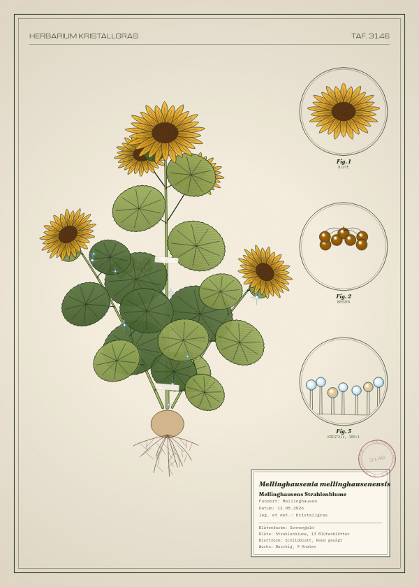 Botanische Tafel: Mellinghausenia mellinghausenensis, eine erfundene Pflanze aus Mellinghausen, gezeichnet wie in einem alten Pflanzenatlas