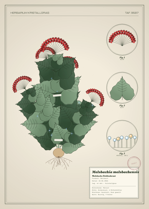 Botanische Tafel: Melsbachia melsbachensis, eine erfundene Pflanze aus Melsbach, gezeichnet wie in einem alten Pflanzenatlas