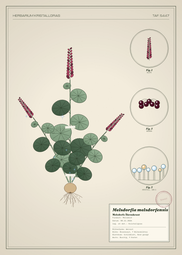 Botanische Tafel: Melsdorfia melsdorfensis, eine erfundene Pflanze aus Melsdorf, gezeichnet wie in einem alten Pflanzenatlas