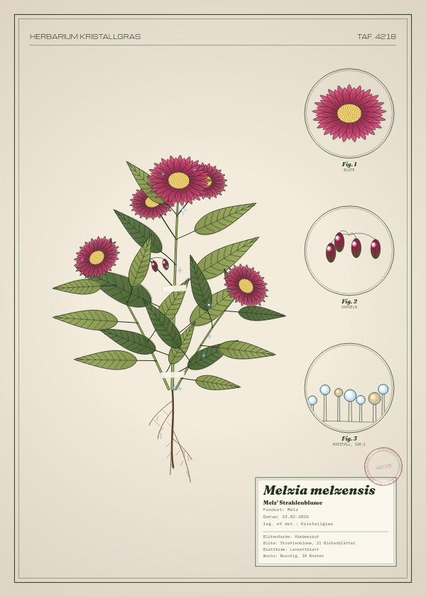 Botanische Tafel: Melzia melzensis, eine erfundene Pflanze aus Melz, gezeichnet wie in einem alten Pflanzenatlas