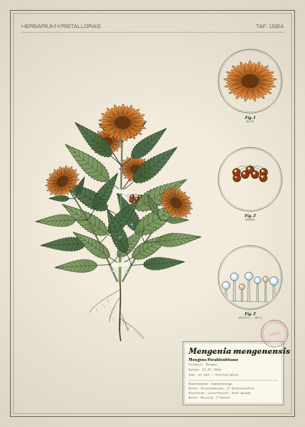 Botanische Tafel: Mengenia mengenensis, eine erfundene Pflanze aus Mengen, gezeichnet wie in einem alten Pflanzenatlas
