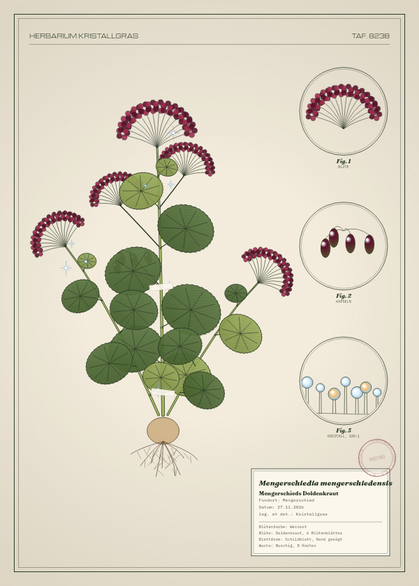 Botanische Tafel: Mengerschiedia mengerschiedensis, eine erfundene Pflanze aus Mengerschied, gezeichnet wie in einem alten Pflanzenatlas
