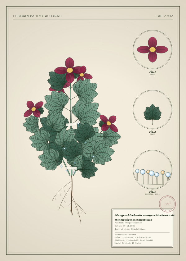 Botanische Tafel: Mengerskirchenia mengerskirchenensis, eine erfundene Pflanze aus Mengerskirchen, gezeichnet wie in einem alten Pflanzenatlas