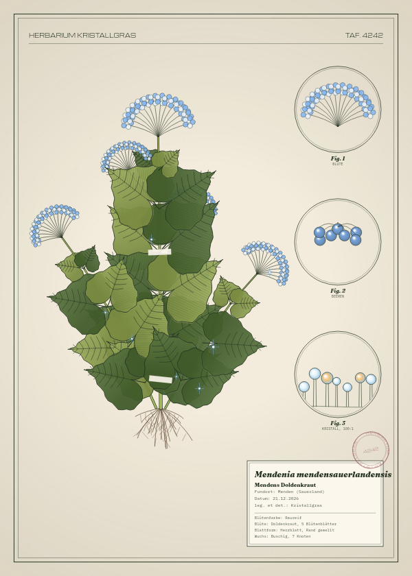 Botanische Tafel: Mendenia mendensauerlandensis, eine erfundene Pflanze aus Menden (Sauerland), gezeichnet wie in einem alten Pflanzenatlas