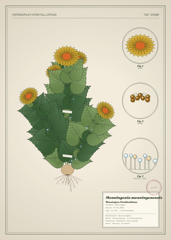 Botanische Tafel: Menningenia menningenensis, eine erfundene Pflanze aus Menningen, gezeichnet wie in einem alten Pflanzenatlas