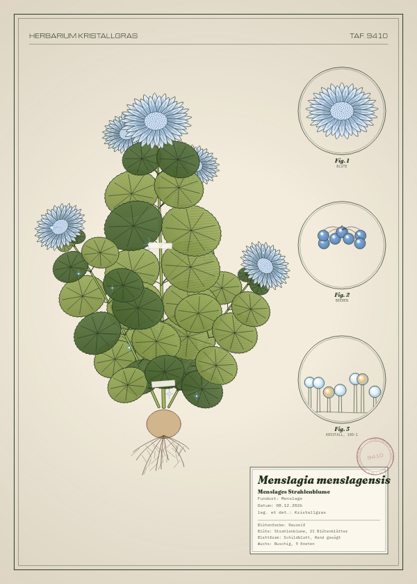 Botanische Tafel: Menslagia menslagensis, eine erfundene Pflanze aus Menslage, gezeichnet wie in einem alten Pflanzenatlas