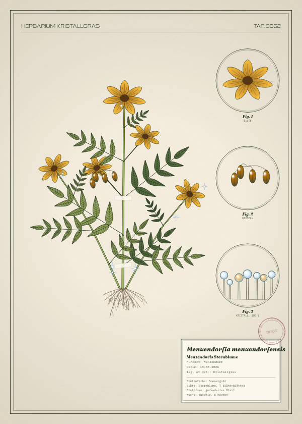 Botanische Tafel: Menzendorfia menzendorfensis, eine erfundene Pflanze aus Menzendorf, gezeichnet wie in einem alten Pflanzenatlas