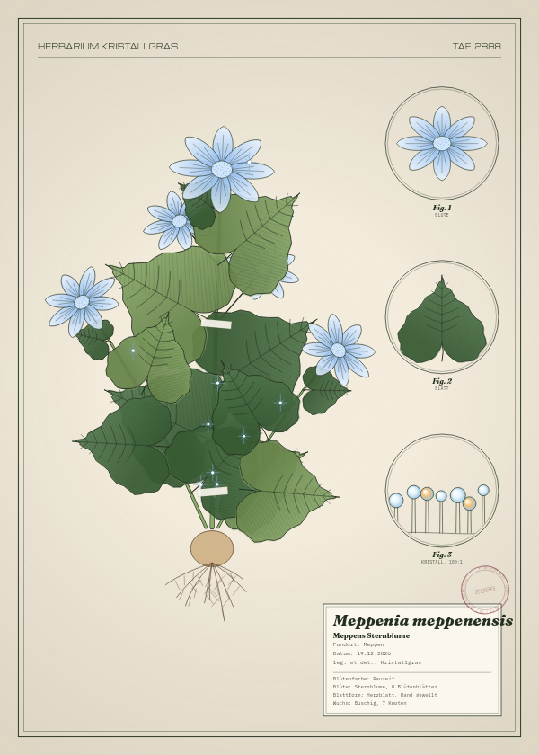Botanische Tafel: Meppenia meppenensis, eine erfundene Pflanze aus Meppen, gezeichnet wie in einem alten Pflanzenatlas