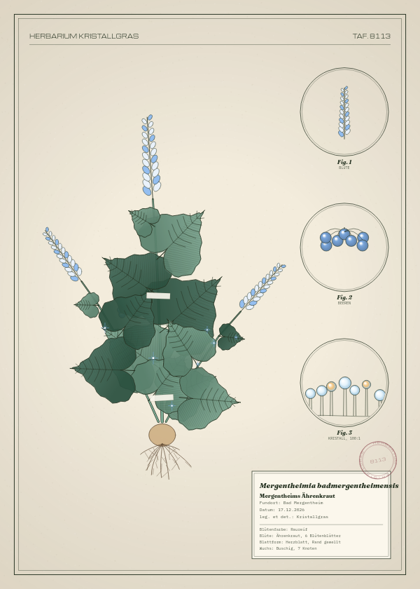 Botanische Tafel: Mergentheimia badmergentheimensis, eine erfundene Pflanze aus Bad Mergentheim, gezeichnet wie in einem alten Pflanzenatlas