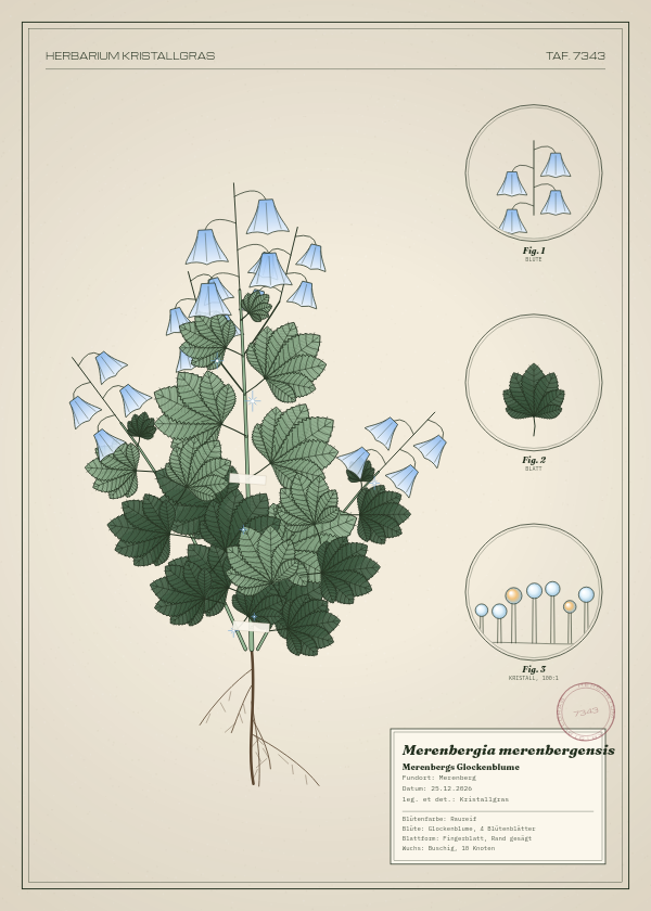 Botanische Tafel: Merenbergia merenbergensis, eine erfundene Pflanze aus Merenberg, gezeichnet wie in einem alten Pflanzenatlas