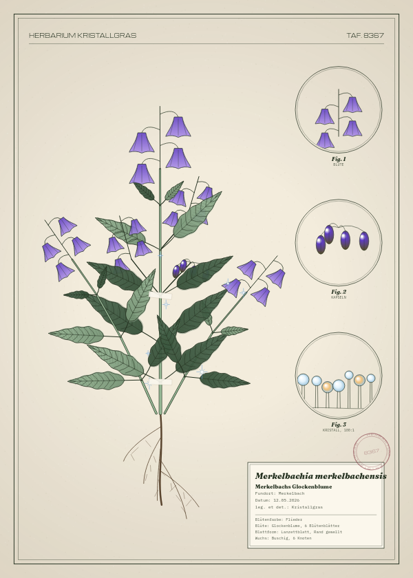 Botanische Tafel: Merkelbachia merkelbachensis, eine erfundene Pflanze aus Merkelbach, gezeichnet wie in einem alten Pflanzenatlas
