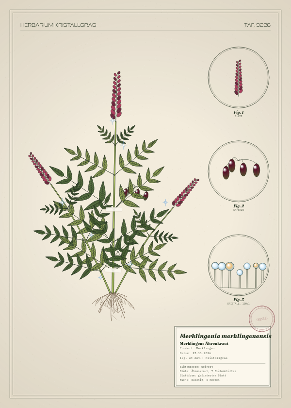 Botanische Tafel: Merklingenia merklingenensis, eine erfundene Pflanze aus Merklingen, gezeichnet wie in einem alten Pflanzenatlas