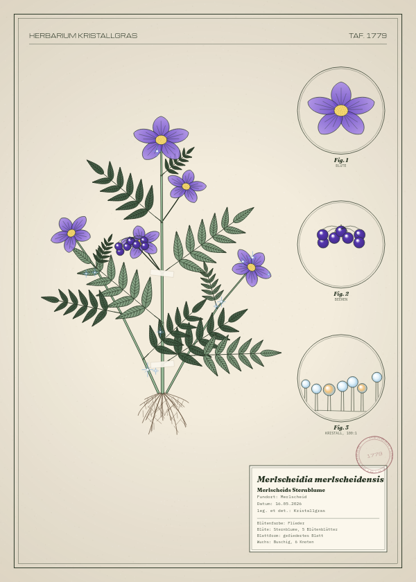 Botanische Tafel: Merlscheidia merlscheidensis, eine erfundene Pflanze aus Merlscheid, gezeichnet wie in einem alten Pflanzenatlas