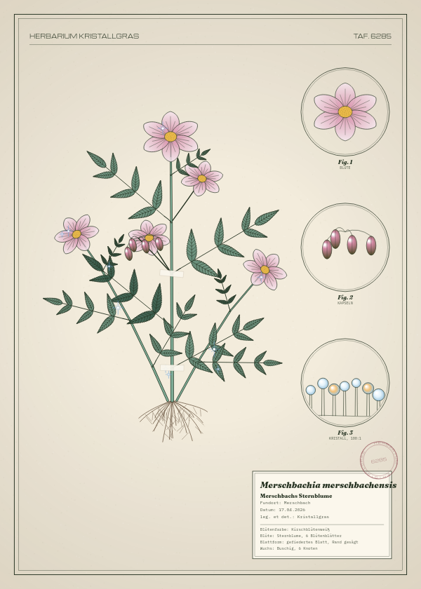 Botanische Tafel: Merschbachia merschbachensis, eine erfundene Pflanze aus Merschbach, gezeichnet wie in einem alten Pflanzenatlas