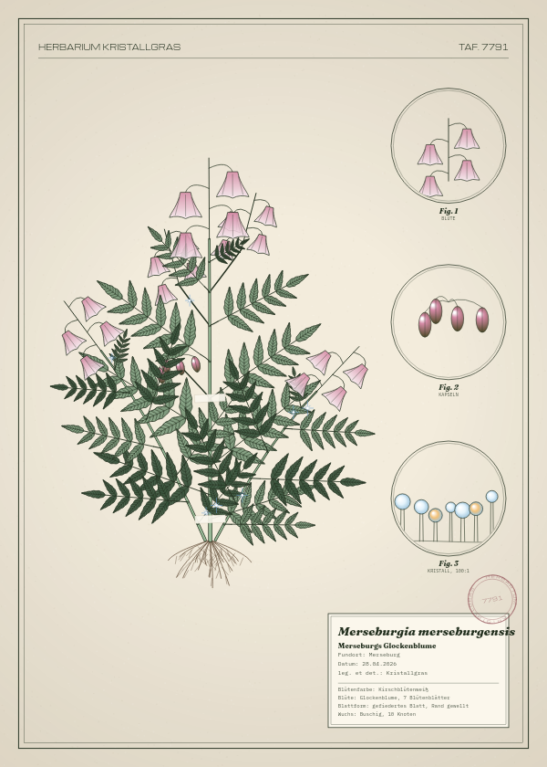 Botanische Tafel: Merseburgia merseburgensis, eine erfundene Pflanze aus Merseburg, gezeichnet wie in einem alten Pflanzenatlas