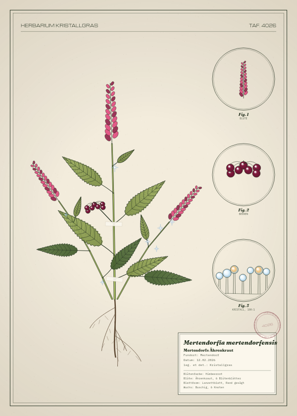 Botanische Tafel: Mertendorfia mertendorfensis, eine erfundene Pflanze aus Mertendorf, gezeichnet wie in einem alten Pflanzenatlas