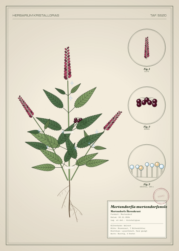 Botanische Tafel: Mertendorfia mertendorfensis, eine erfundene Pflanze aus Mertendorf, gezeichnet wie in einem alten Pflanzenatlas