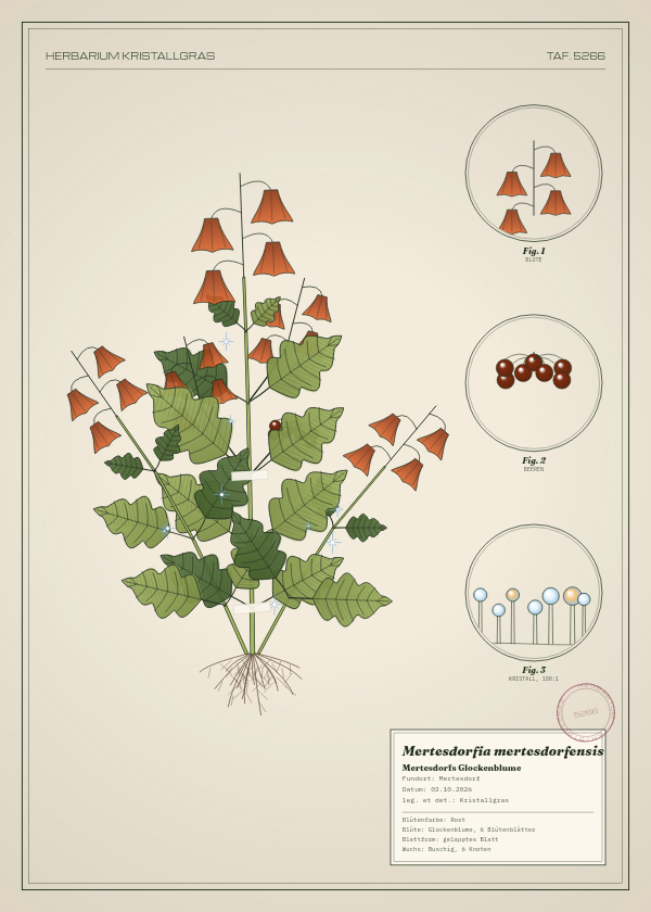 Botanische Tafel: Mertesdorfia mertesdorfensis, eine erfundene Pflanze aus Mertesdorf, gezeichnet wie in einem alten Pflanzenatlas