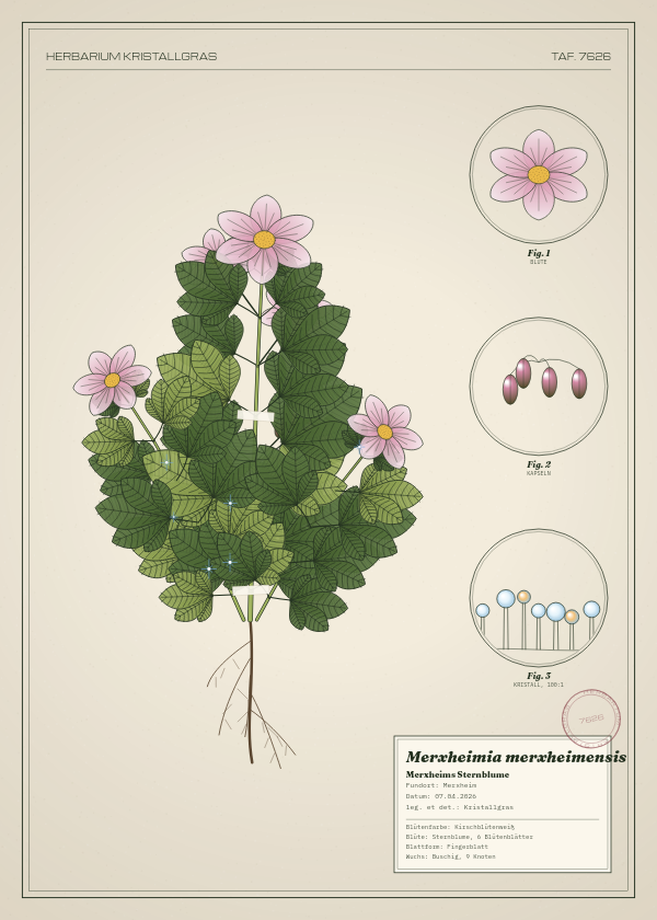 Botanische Tafel: Merxheimia merxheimensis, eine erfundene Pflanze aus Merxheim, gezeichnet wie in einem alten Pflanzenatlas