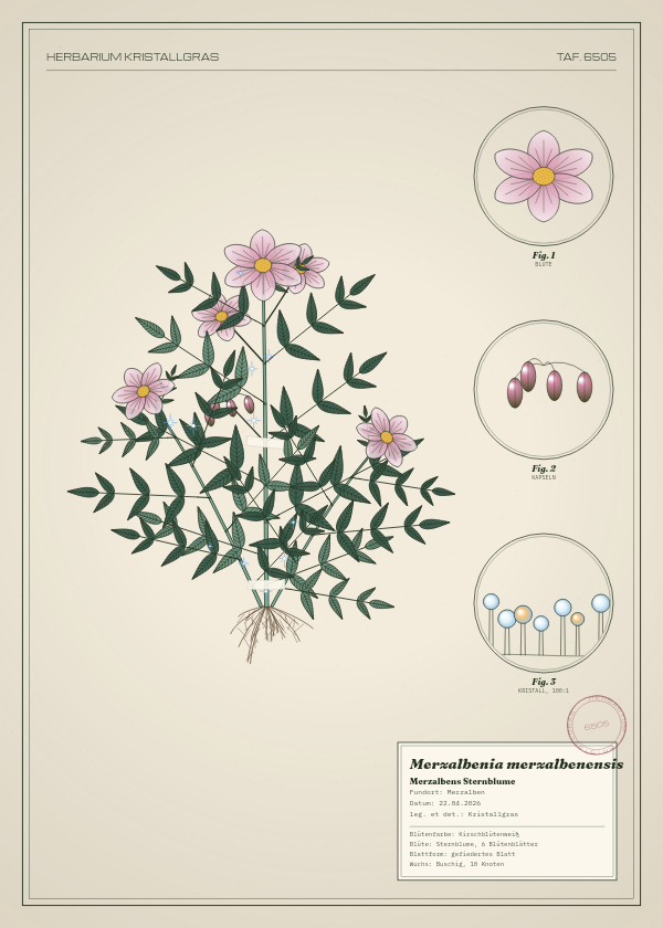 Botanische Tafel: Merzalbenia merzalbenensis, eine erfundene Pflanze aus Merzalben, gezeichnet wie in einem alten Pflanzenatlas
