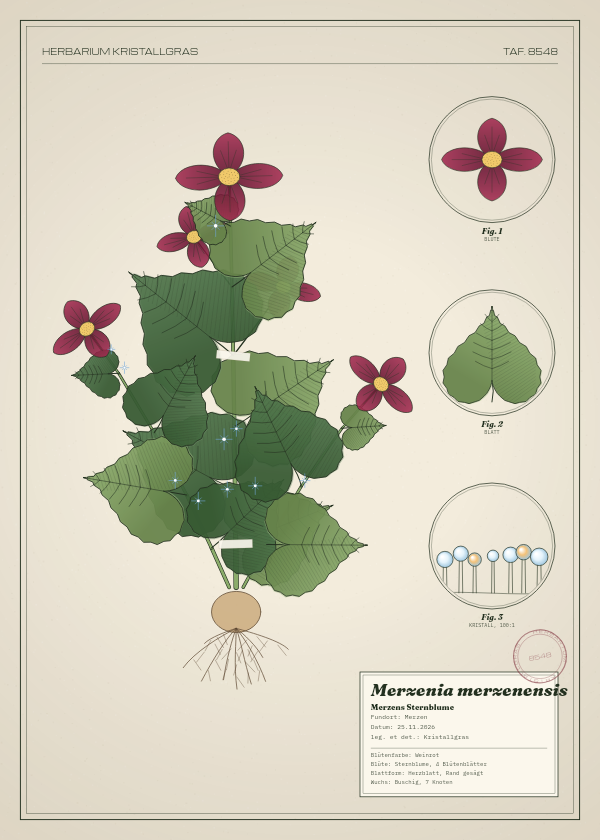 Botanische Tafel: Merzenia merzenensis, eine erfundene Pflanze aus Merzen, gezeichnet wie in einem alten Pflanzenatlas