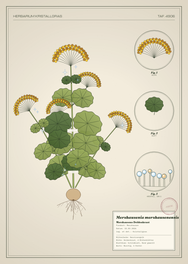 Botanische Tafel: Merzhausenia merzhausenensis, eine erfundene Pflanze aus Merzhausen, gezeichnet wie in einem alten Pflanzenatlas